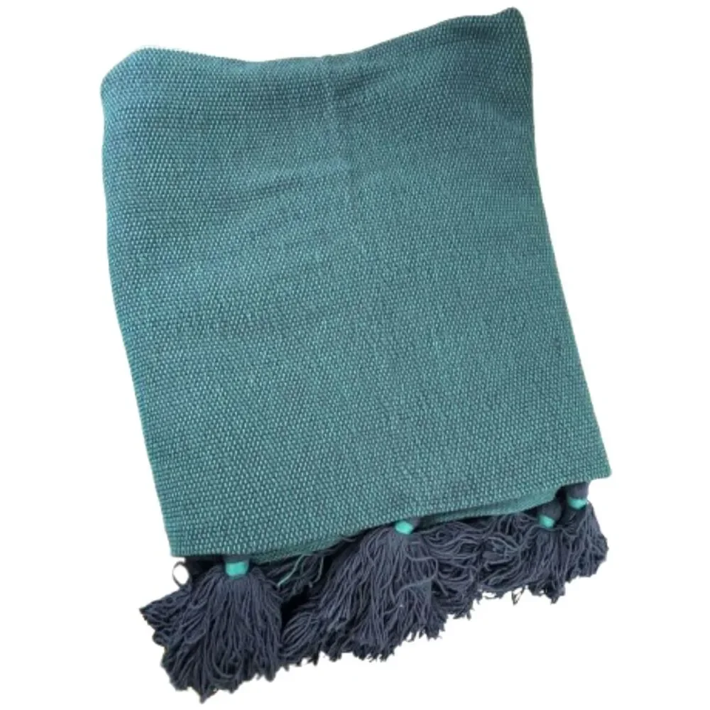 CB2 x Ross Cassidy Umi Teal Striped Throw Blanket Tassels Rare/Discontinued